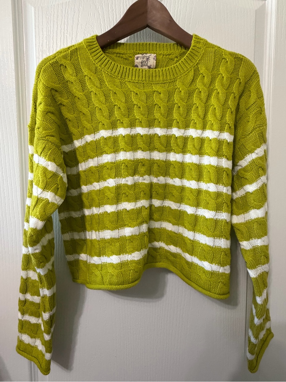 Hippie Rose Lime Green & White Cable Knit Striped Sweater